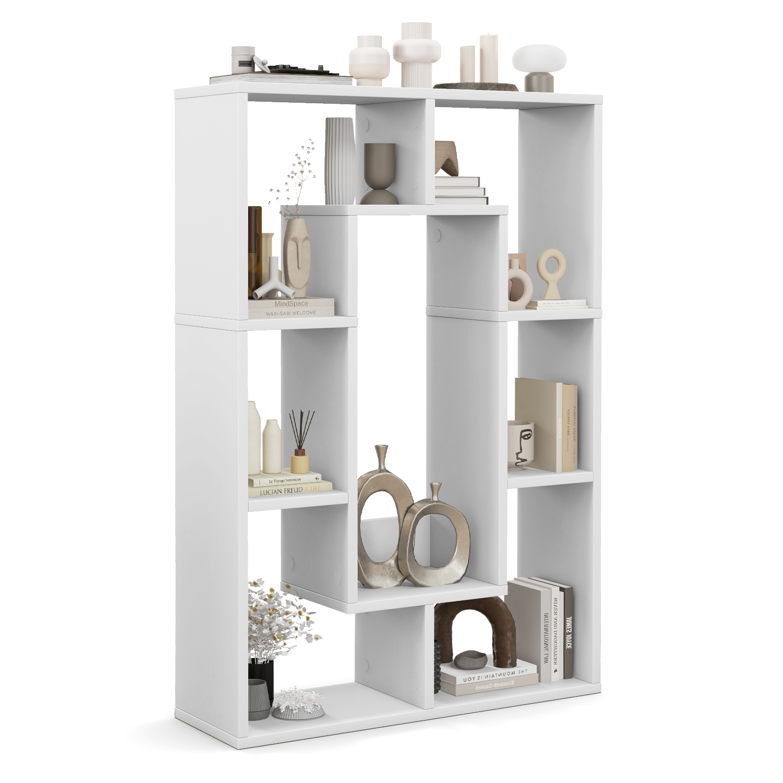 Giantex Wood Geometric Bookshelf, Freestanding Open Bookcase w/7 Cubes, Storage Display Rack for Home Office, White
