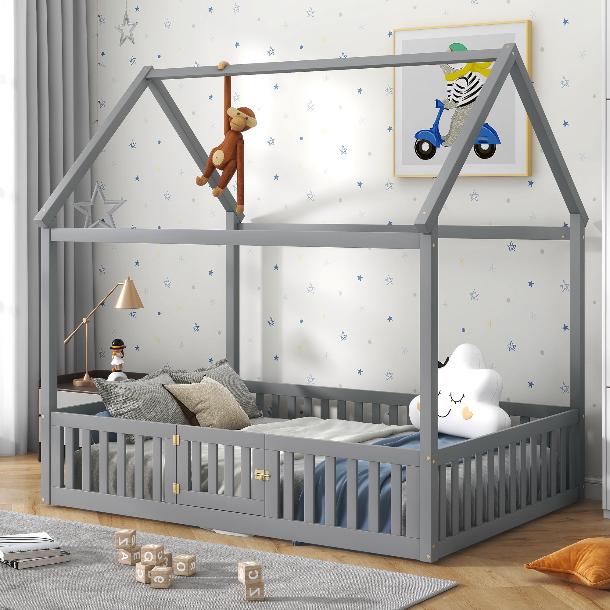 Euroco Full Size Low House Bed with Fence and Door for Kids, Gray