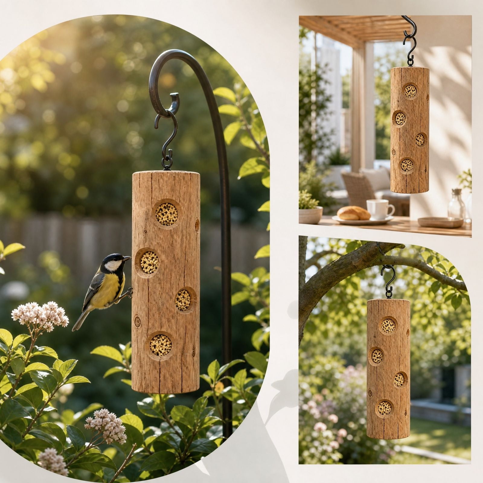 Bird Feeder Hanging Log‑Shaped Multi‑Hole Feeding Station Practical Accessory for Backyard Wild Bird Watching