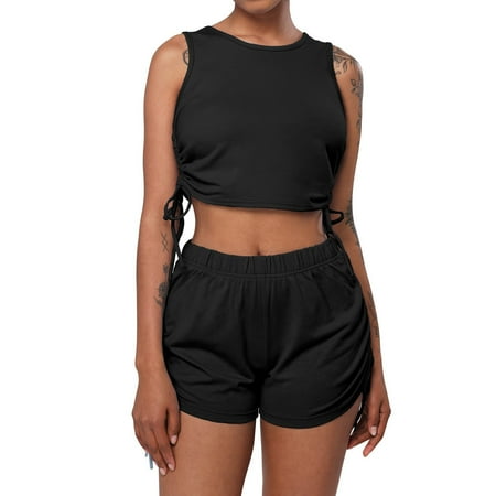 

Wyongtao Cozy Women Two-Piece Drawstring Solid Sleeveless Round Neck Crop Tank Tops and Short Pants Sets
