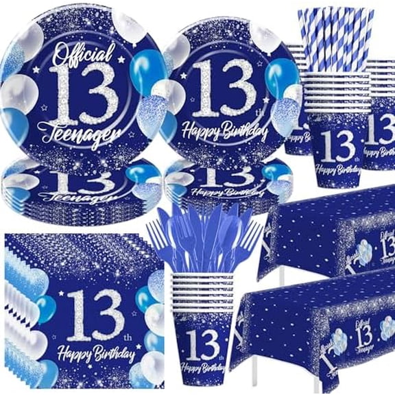 13th Birthday Decorations for Boy, Silver & Blue, Paper Plates/Napkins/Cup/Cutlery, Serves 24 | Home Decor