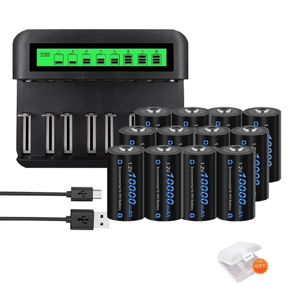 CITYORK 12 D Size High Capacity Low Self Discharge 1.2v Ni-MH Rechargeable Batteries with 8 Slots Intelligent Fast LCD Indicator USB Battery Charger For 1.2V AA AAA C D Size Ni-MH Batteries