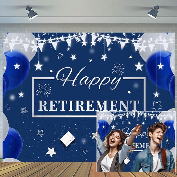 4 x 4 ft Blue Silver Retirement Party Decorations Backdrop, Large Fabric Retirement Sign Banner Photo Booth Background Retirement Party Outdoor Indoor Banner Cover