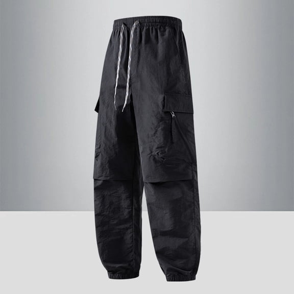 WIZUTIZ Men's Nylon Cargo Jogger Pants with Zipper Large Pocket Solid Color Elastic Drawstring Waist Outdoor Trousers