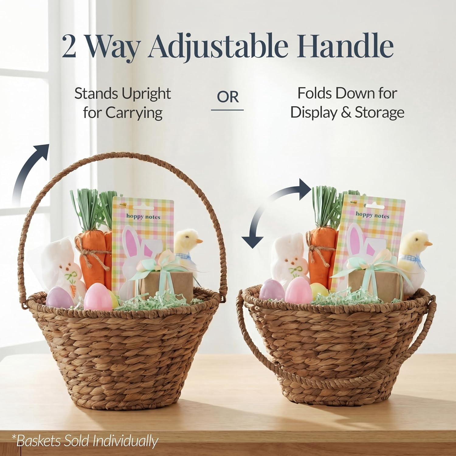 Themis Handwoven Easter Basket, Small Woven Easter Basket for Kids, Easter Egg Hunt Basket w/Collapsible Handle, Tapered Shape, Water Hyacinth - Chestnut