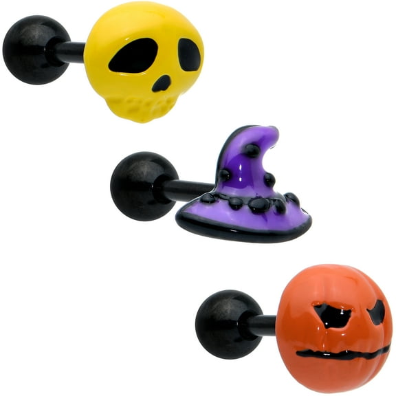 Body Candy 16G Womens 3Pc PVD Black Steel Skull Pumpkin Halloween Earring Helix Tragus Jewelry Set 1/4