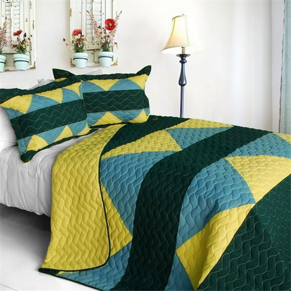 Gloomy Sunday - 3 Pieces Vermicelli-Quilted Patchwork Quilt Set  Full & Queen Size - Yellow