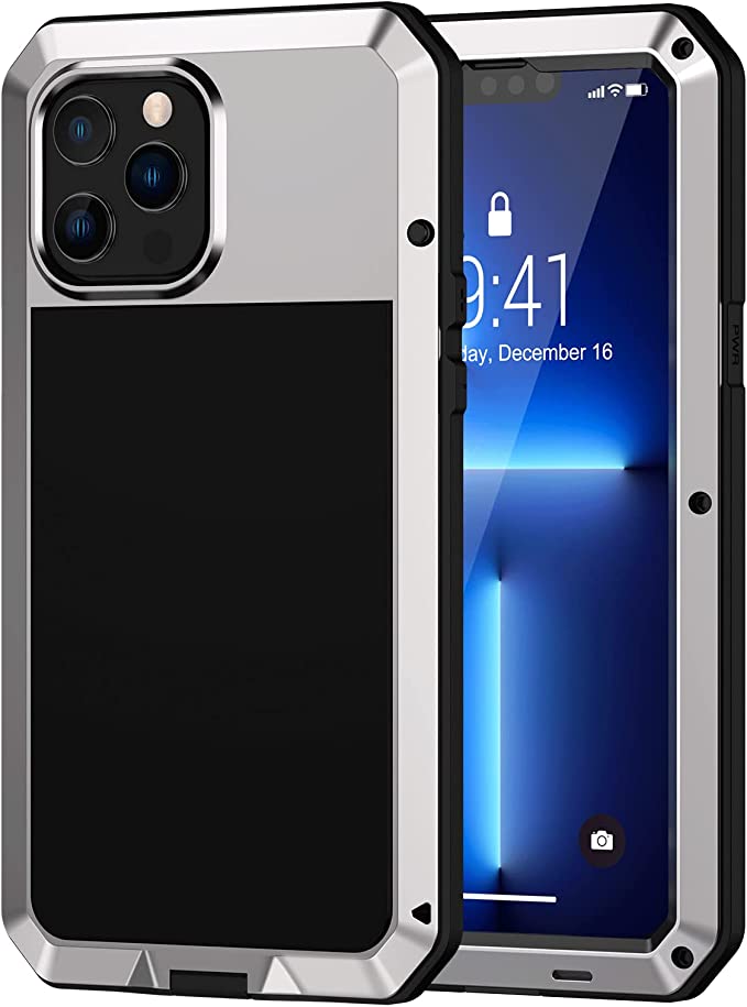 Heavy Duty Case for iPhone 13 Pro Max Shockproof Cover Tough Armour Metal Case with [Tempered Glass Screen Film], 360 Full Body Protective Case Cover for iPhone 13 Pro Max - Silver