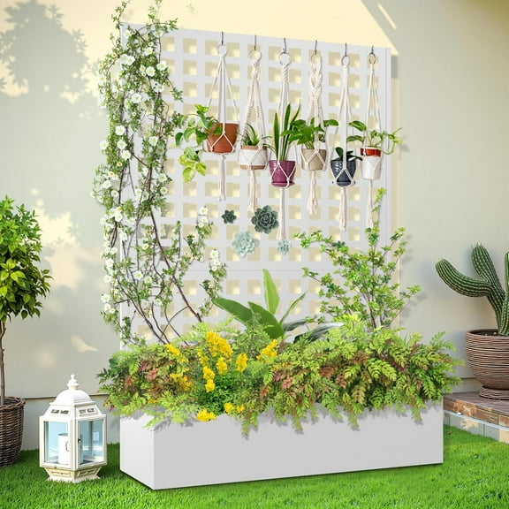 Metal Raised Garden Bed, Trellis Planters Bed with Drainage Holes for Climbing , Vegetables Outdoor Privacy Screen with Planter Box 71"x47"x16", White