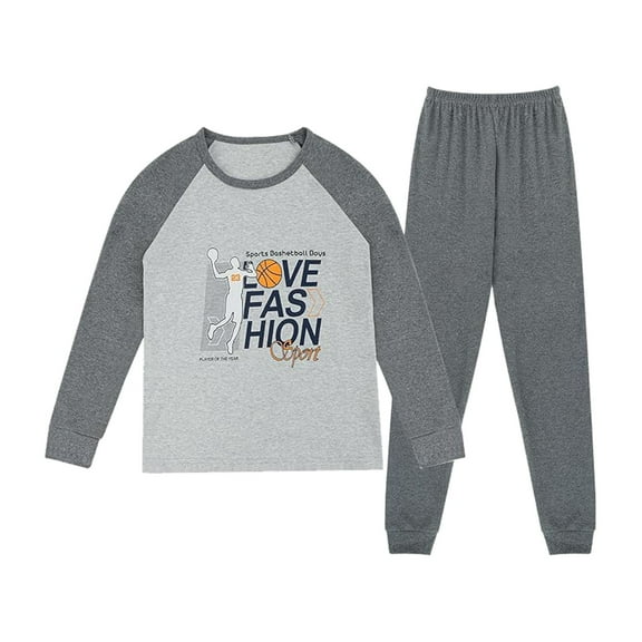 CAIVO Child Boys Thermal Outfit Sets Long Sleeve Tops Shirts Pants With Cartoon Basketball Print Kids Home Outfit Sets Comfortable Two Piece Outfit Sets 8-9 Years