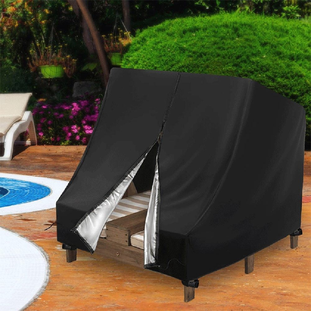 Waterproof Double Chaise Lounge Cover for Outdoor Patio Furniture, 34\"L x 37\"W x 34\"H, Black Oxford Fabric, Wind-Resistant with Drawstring and Buckles