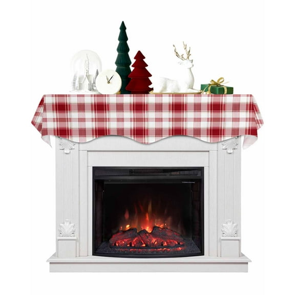 Red Checkered Fireplace Mantel Scarf Table Runner, Red White Plaid Farmhouse Winter Garland Mantel Top Tablerunners Dresser Scarves Cover Decorations for Windows Party Living Room 90''x17''