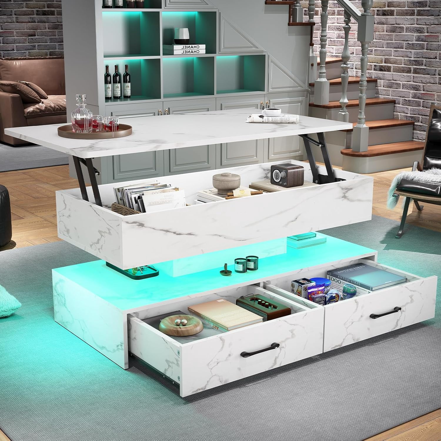40" Lift Top Coffee Table with Storage, Modern Coffee Table with LED Lights and 2 Drawers, Small Coffee Table for Living Room, Dining Reception Room, White Marble