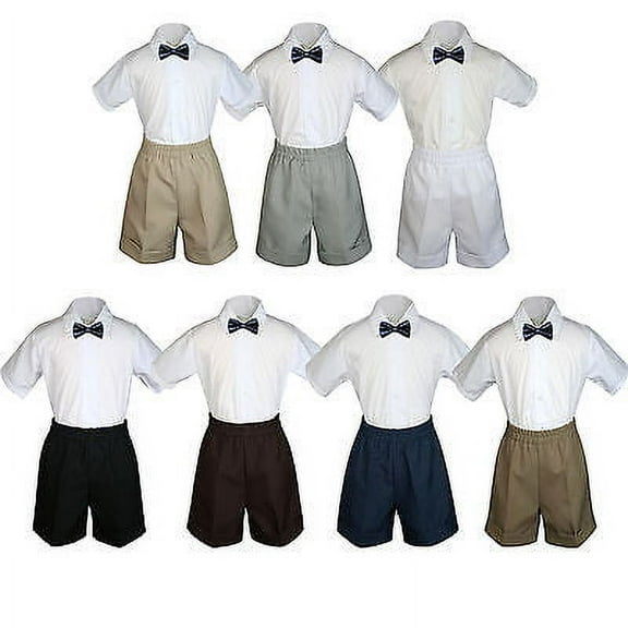 3pc Set Boy Toddler Formal Party Navy BowTie White  Black Khaki Shorts S-4T