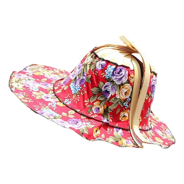 Sombrero para el sol 2 en 1 plegable con abanico de mano para mujer Sombrero de playa con estampado floral para viajar a la playa