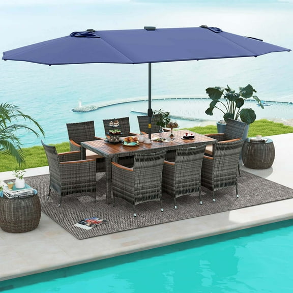 Costway 11 PCS Patio Dining Set with 15 ft Double-Sided Patio Umbrella 8 Armchairs Blue