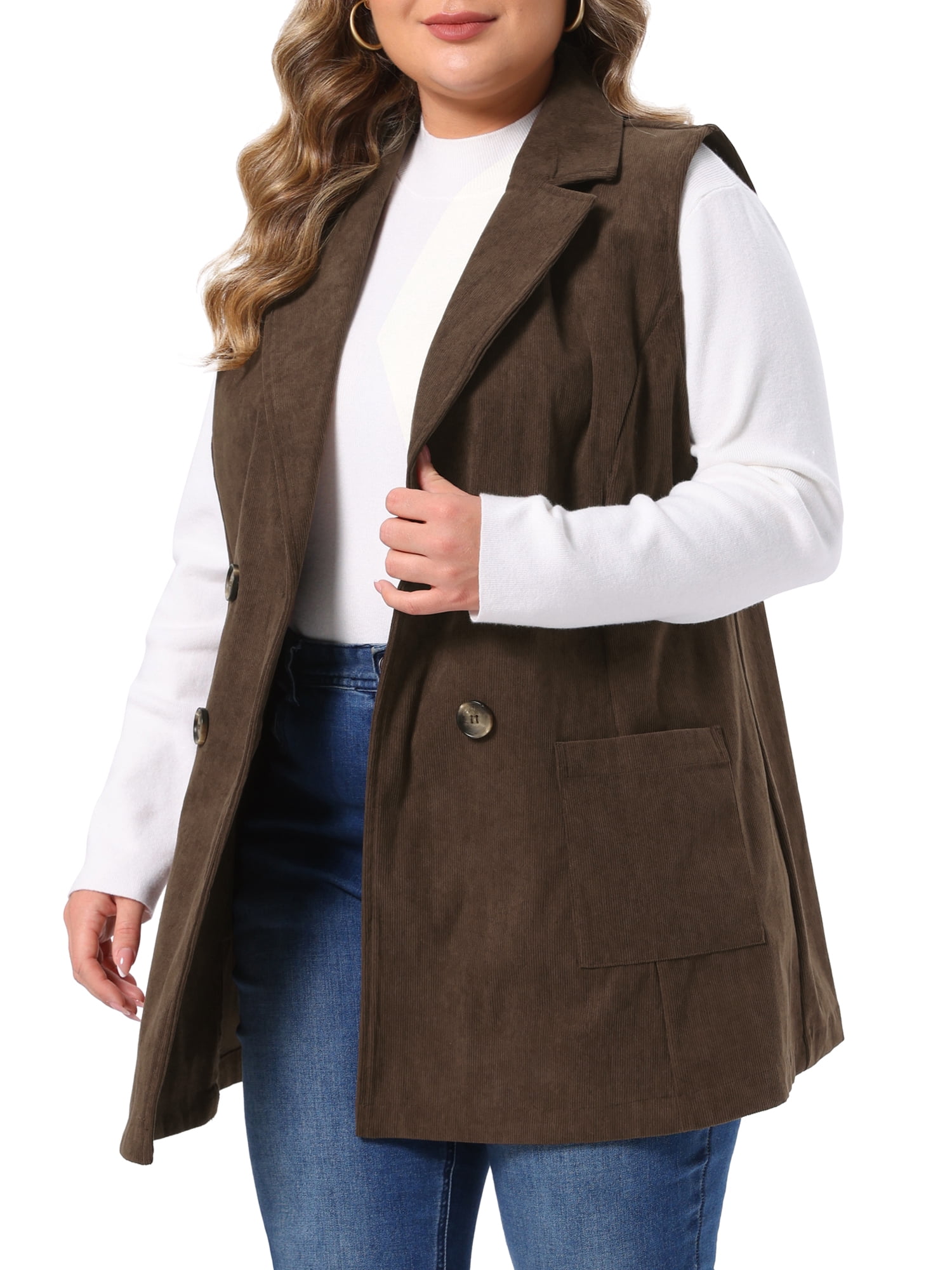 DARING DIVA Women's Plus Corduroy Lapel Sleeveless Pocket Vest 4X Dark Brown