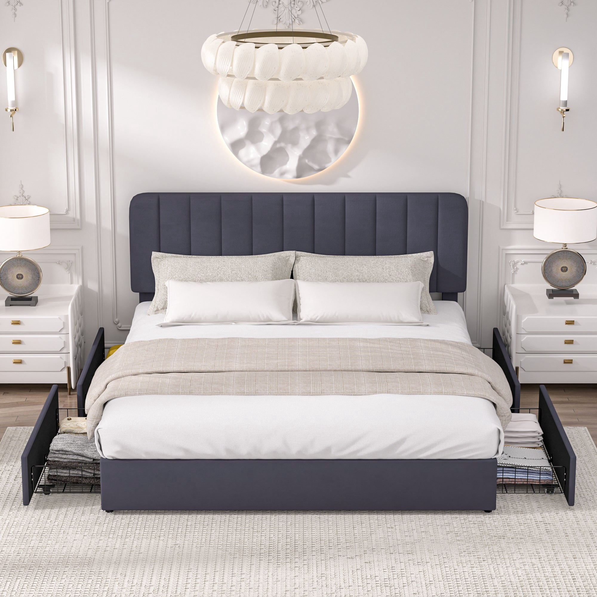 VECELO Upholstered Platform Bed Frame with 4 Storage Drawers, King Size Bed Frame with Adjustable Headboard, No Box Spring Needed, Black
