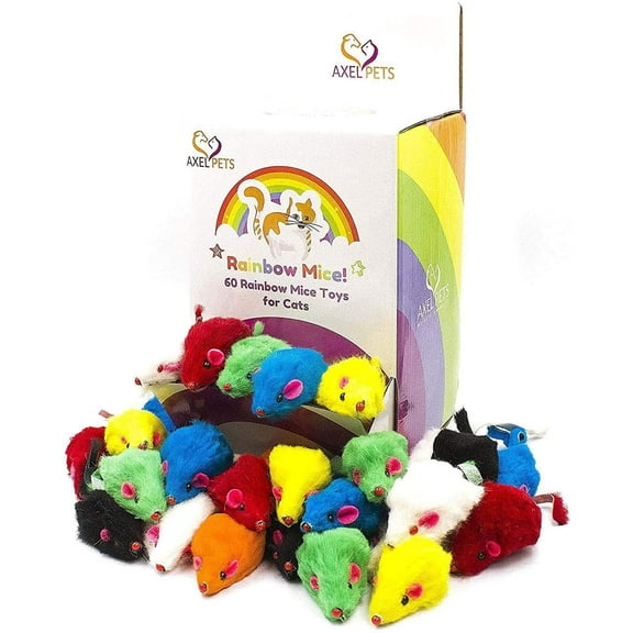 AXEL PETS 60 Rainbow Furry Mice with Catnip and Rattle Sound Interactive Catch Play Mouse Toy for Cat, Box of 60 Mice