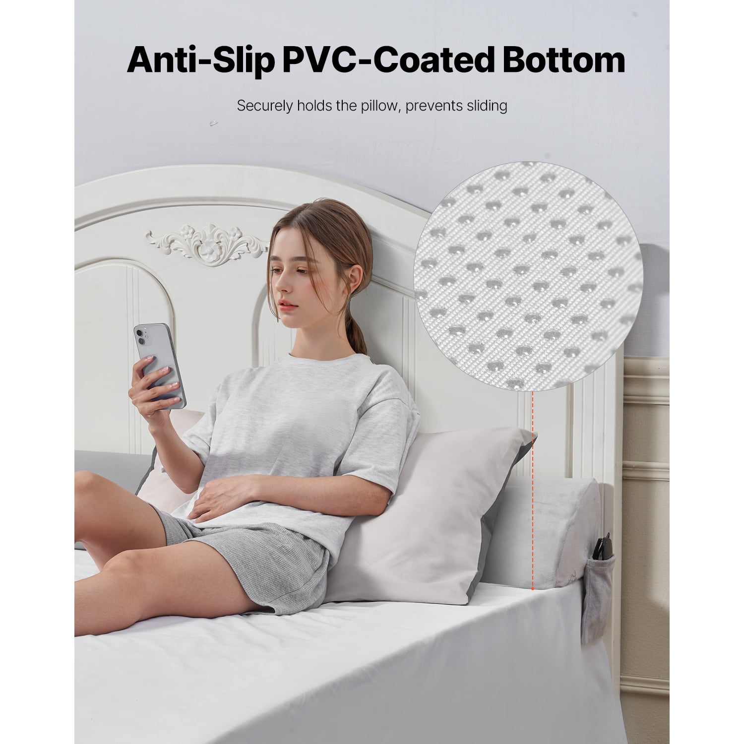 KFFKFF King Size Bed Wedge Pillow for Headboard, 76"x10"x6" Gap Filler, Covers 0-7" Space Between Mattress and Headboard, Plush Backrest Pillow with Side Pocket, Gray