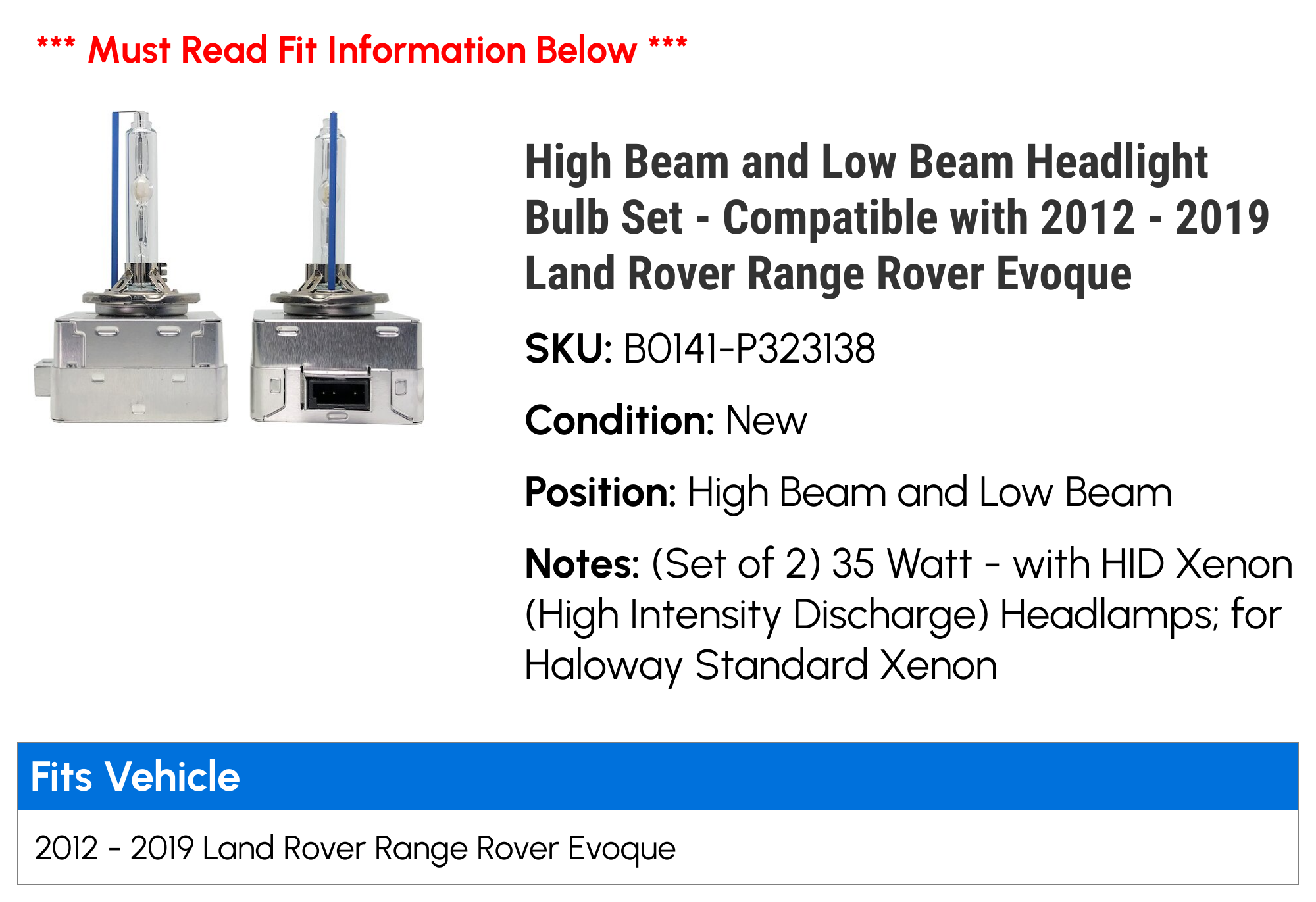 High Beam and Low Beam Headlight Bulb Set - Compatible with 2012 - 2019 Land Rover Range Rover Evoque 2013 2014 2015 2016 2017 2018