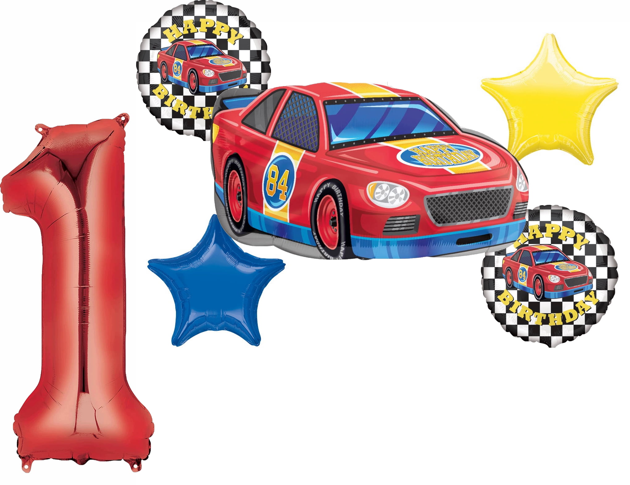 Race Car 8th Birthday Balloon Bouquet - Stock Car Foil Balloons, Number 8, Stars & Gift Balloon Set