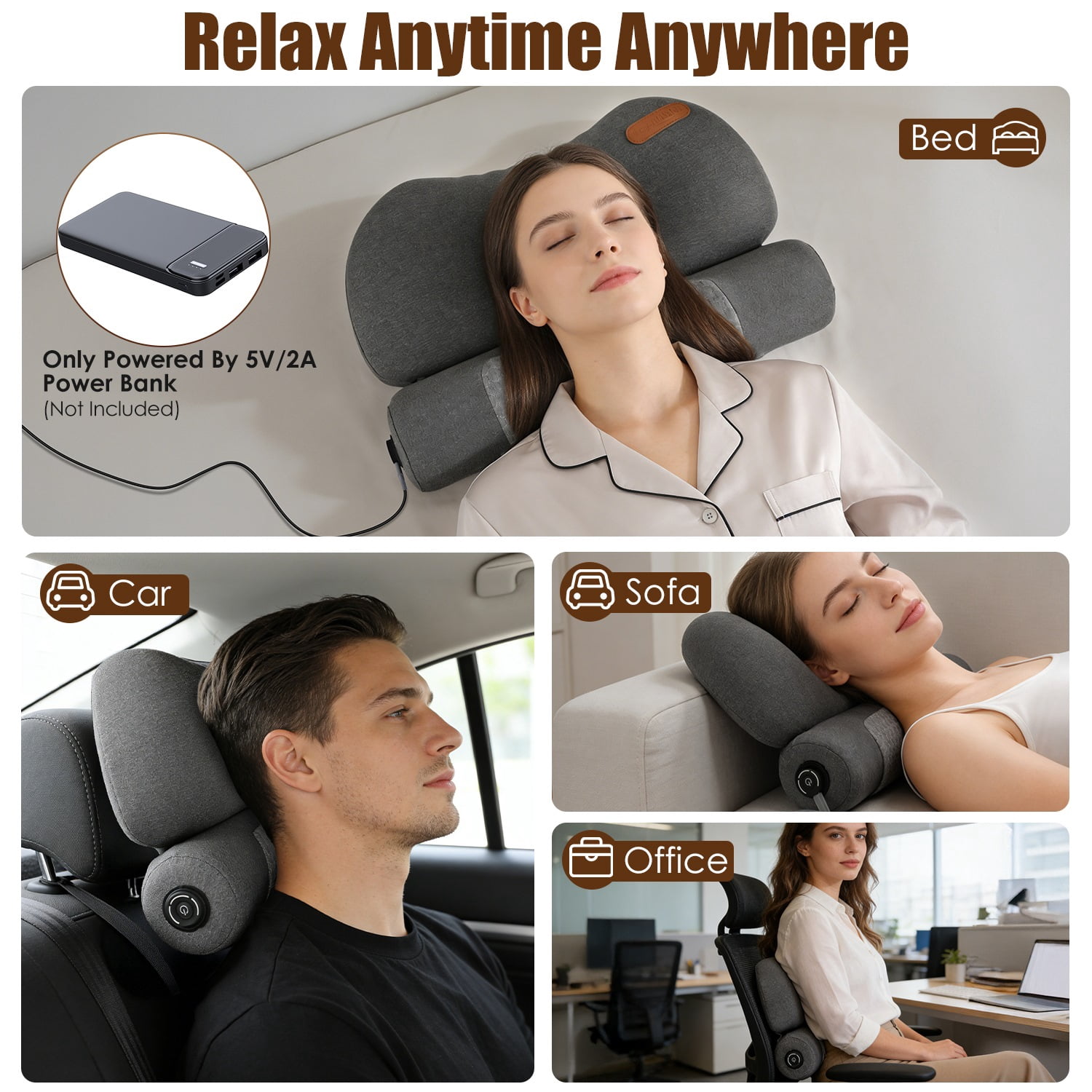 55D Heated Neck Pillow Memory Foam Cervical Support 3Heat Levels 30Mins Auto Off Overheat Protection Dark Grey Polyester Spandex USB Powered Home Office Travel Sleep Eye Mask Type C Adapter 17.72In