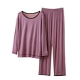 thumbnail image 2 of Womens Pajamas 2 Piece Sets for Women Dressy Women's Fashion Solid Color Thin Round Neck Long Sleeve Top Elastic Waist Pants Two Piece Home Pajama Set Purple L, 2 of 5
