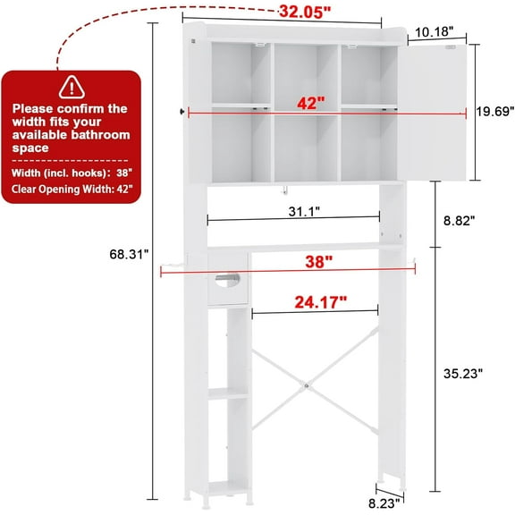 32" W Over The Toilet Storage Cabinet with Metal Frame and 7 Storage Shelves, Bathroom Organizer with Adjustable Shelves and Paper Holder, Farmhouse Storage Cabinet for Bathroom, Laundry, White