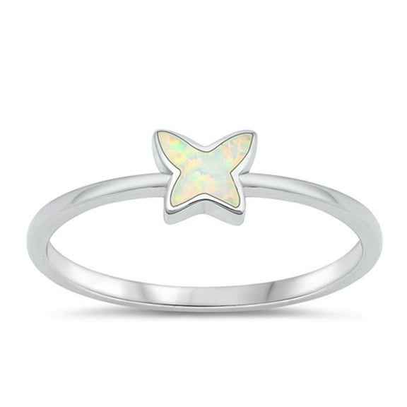 CHOOSE YOUR COLOR White Simulated Opal Promise Ring .925 Sterling Silver Butterfly Band CZ Female Size 6