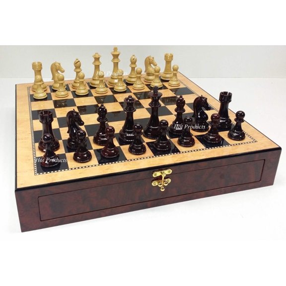 LARGE Staunton High Gloss CHESS SET W 4 1/4" KING 20" Walnut Color Storage Board