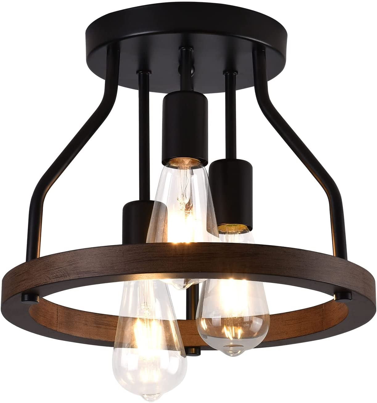 FETCOI 3-Light Flush Mount Ceiling Light, Wood Frame + Black Metal Shade Rustic Farmhouse Ceiling Lamp Fixture for Kitchen Dining Room Hallway Bedroom Study Living Room