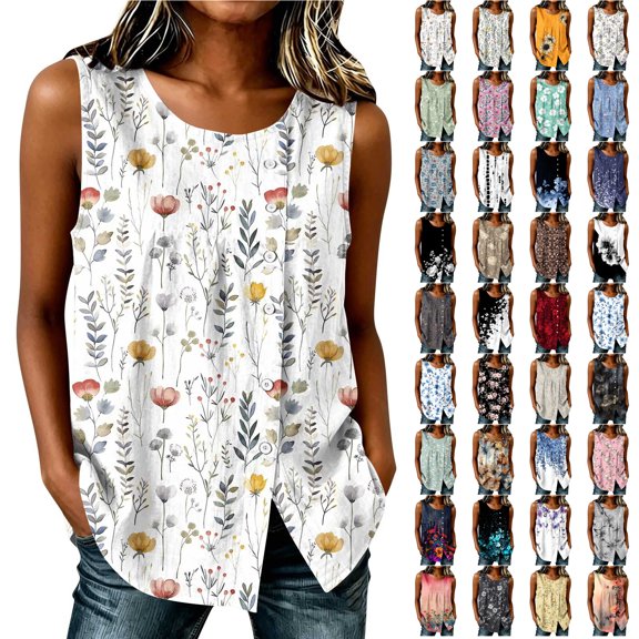 JTZGDY Summer Womens Tank Tops Loose Fit Casual Floral Printed Sleeveless Button Down Basic Crew Neck Graphic Pleated Tunic Tshirt Trendy Slit Hem Blouses