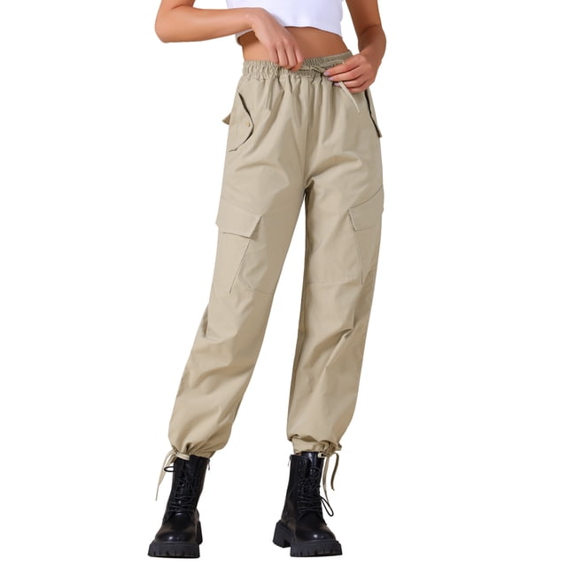 Pantalones Cargo Livianos de Cintura Alta con Cordón Elástico y Pierna Ancha con Bolsillos S Khaki