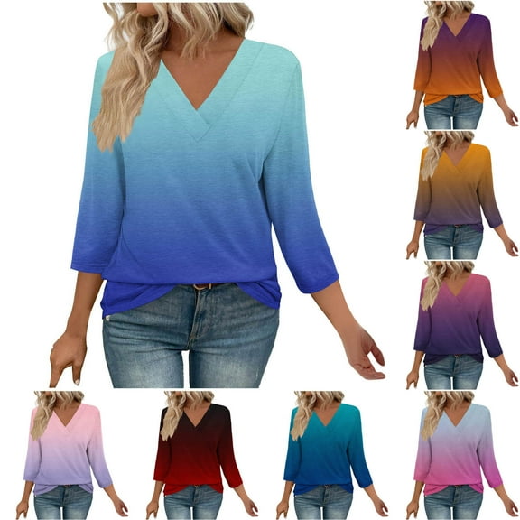 Summer Fashion Plus Size Womens 3/4 Sleeve Tops Trendy Clothes 2025 Print Blouse V- Neck Casual Up to 65% off!