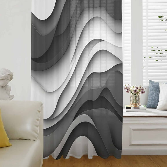Black Grey Ombre Semi Sheer Curtains Drapes for Living Room,Bedroom,French Doors Window 45 Inches Long,Moire Modern Aesthetics Geometric Abstract Rod Pocket Chiffon Curtain Drapery Voile Drape Panel