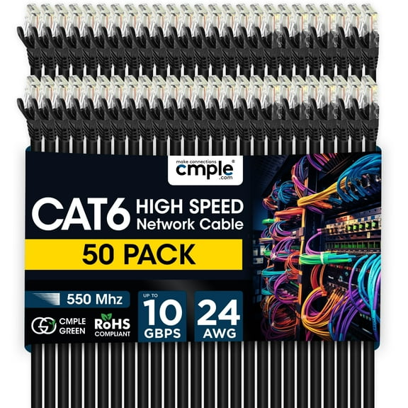 Cmple - 50 Pack Cat 6 Ethernet Cable 1.5 ft 10Gbps Internet Cables with RJ45 Connectors 550MHz Cat6 Patch Cord for Computer, WiFi Router, Modem - Black