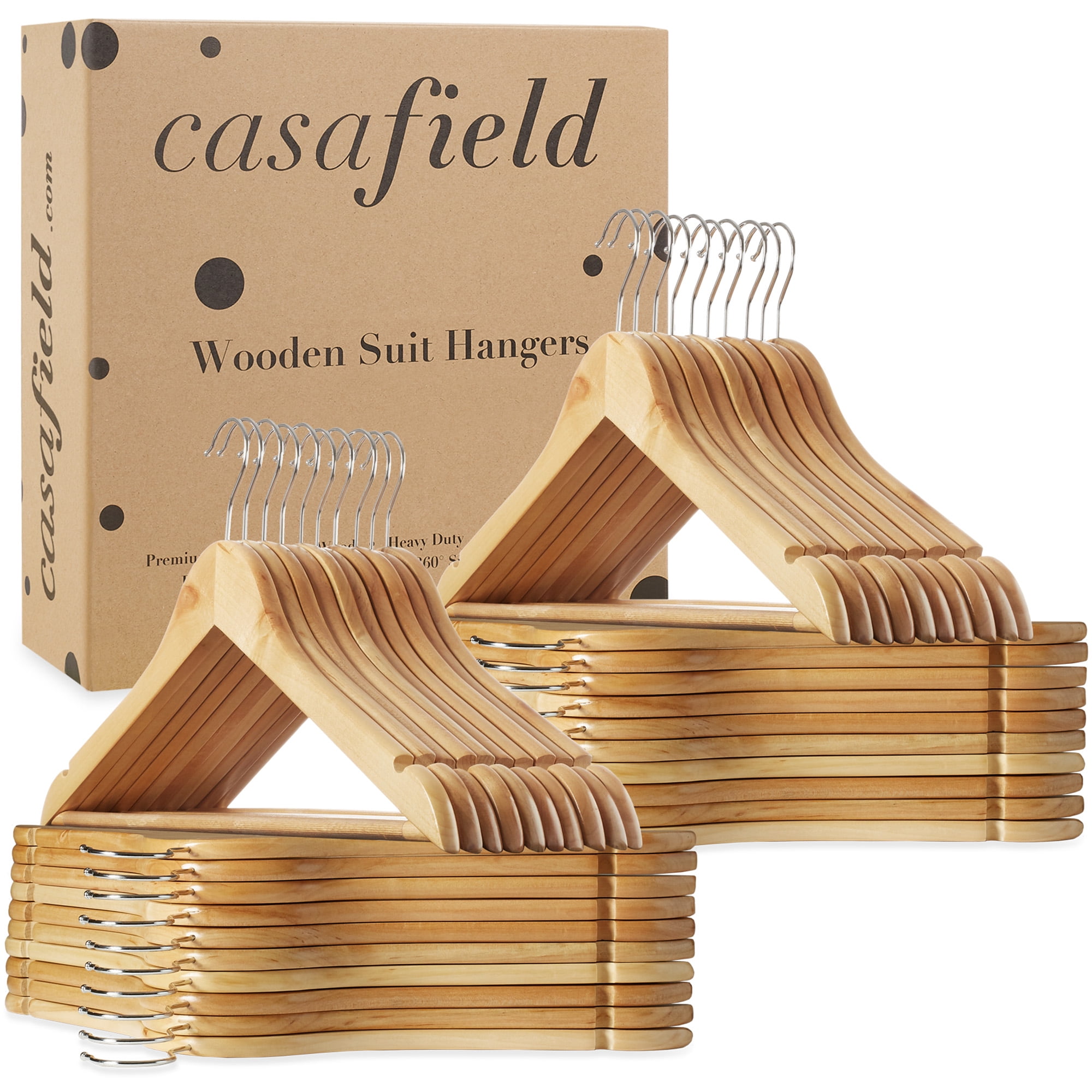 Casafield 40 Wooden Suit Hangers, Natural - Non-Slip Pant Bar & Swivel Hook