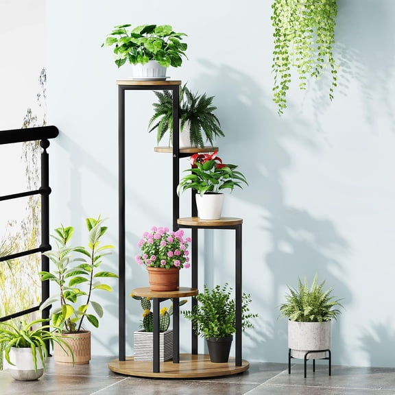 Finmind 4-Tier Corner Plant Stand, Tall Wooden Plant Shelf with Metal Frame, Yellow Brown