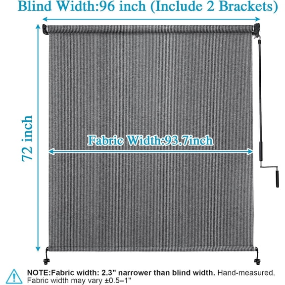Outdoor Roller Shade 8'(W) X 6'(H), Exterior Cordless Shades Roll Up Outdoor Blinds with 90% Protection, Two-Section Poles with One-Piece Fabric, Grey