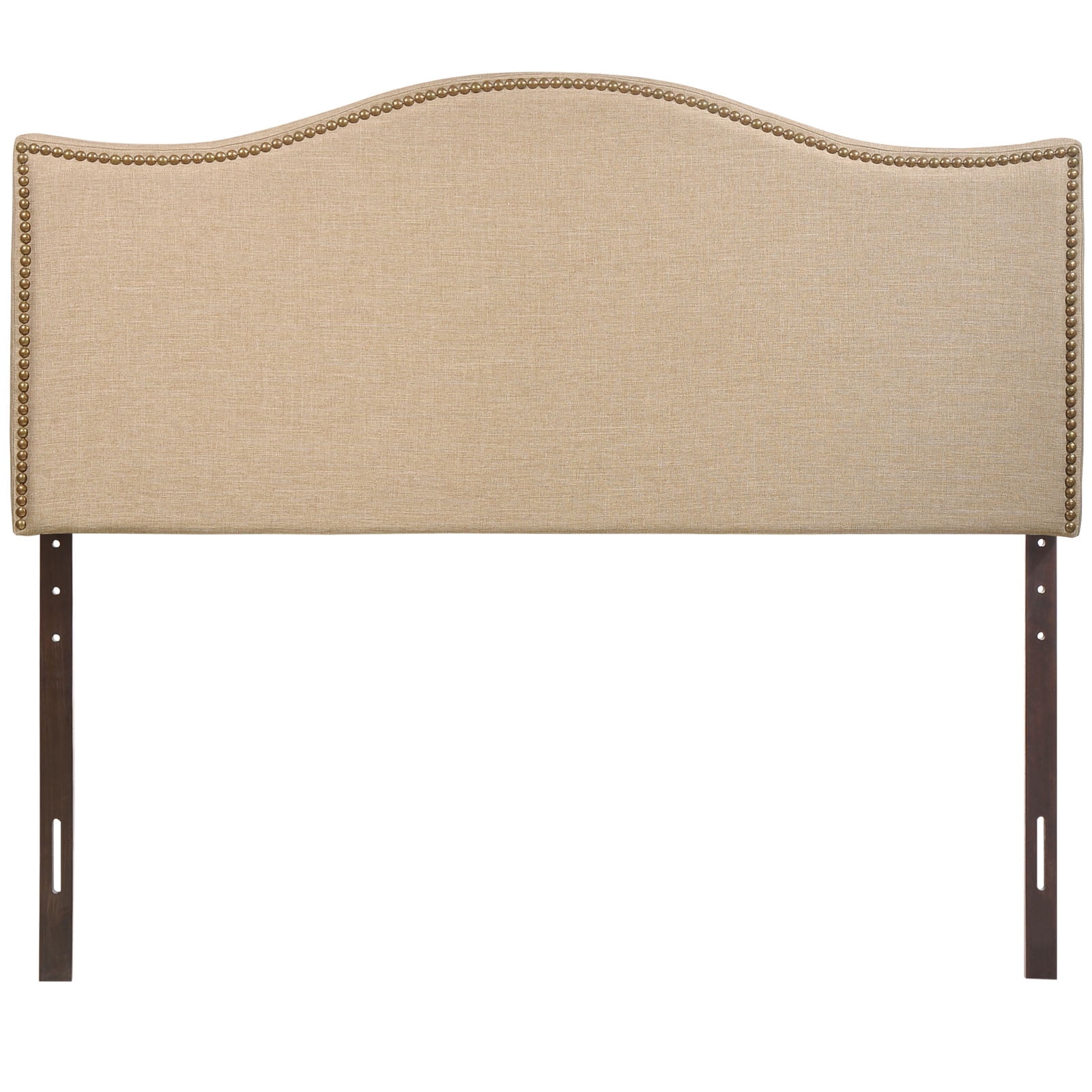 Modern Contemporary Queen Size Nailhead Upholstered Headboard, Beige Fabric
