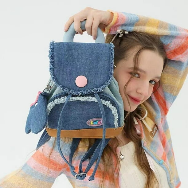 Mochila con botón de vaquero para mujer, bolso de hombro bonito, paquete pequeño para estudiantes, bolso suave de viaje informal, bolso de moda Fivean unisex