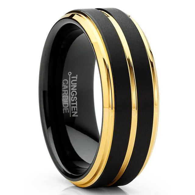 Men Tungsten Two-Tone Wedding Band Grooved Ring 8MM Black Goldtone