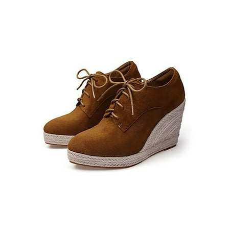 

Ymiytan Womens Wedge Pumps Shoes Lace Up Dress Pump Pointed Toe Espadrilles Walking Fashion Non-Slip Comfort Wedges Brown 4.5