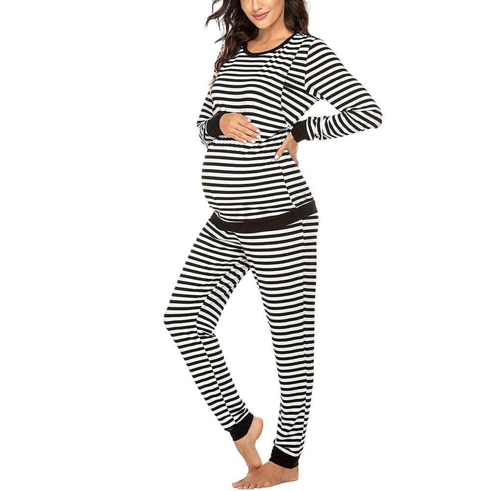 Pregnant Woman Pajamas Ultra Soft Maternity & Nursing Pajama Set Pregnancy Sleepwear Stripe Pregnant Maternity Hooded Tops Blouse Outwear Clothes Breastfeeding Long Sleeve Clothes