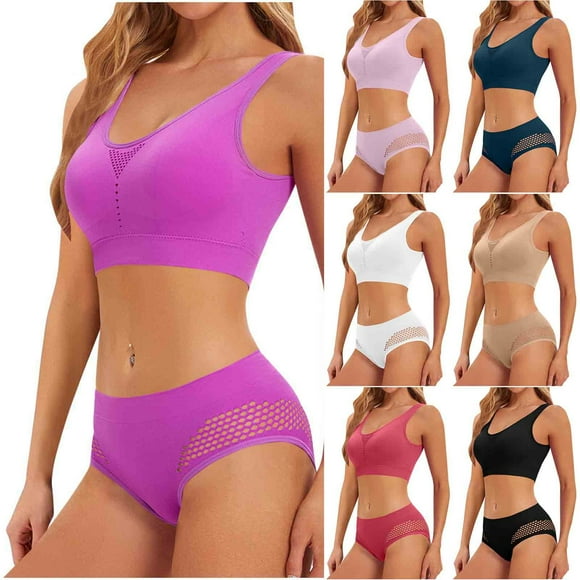 Sentmoon Sports Bras for Women Hollow Mesh No Underwires Seamless Bras for Women with High Waisted Panty Workout 2 Piece Lingerie Sets Yoga Outfits Seamless Bras for Daily Commute Pink XXL