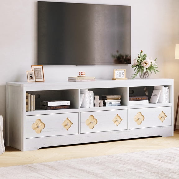 TV Stand for 70-85" TV,White Mid Century Modern Entertainment Center with Carved Drawer and Open Storage Shelf, TV Console Media Cabinet Table for Living Room, Bedroom