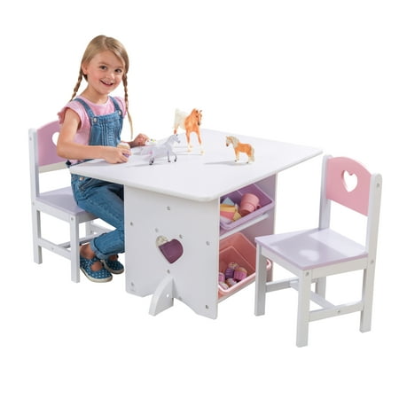 KidKraft Wooden Heart Table & Chair Set with 4 Bins, Pink, Purple & White