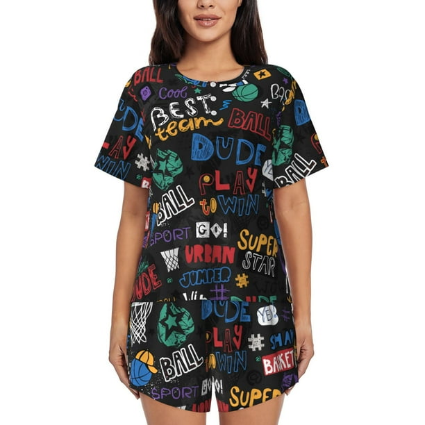 Fotbe Basketball Conjunto de Pijama Estampado para Mujer, 2 Piezas, Ropa de Dormir con Camiseta de Manga Corta y Shorts Suaves-Large
