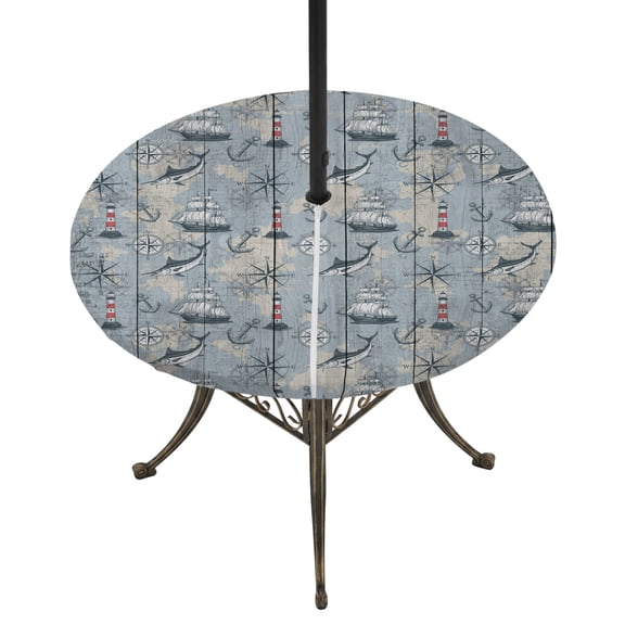 Round Outdoor Tablecloth with Umbrella Hole and Zipper, Blue Seaports Tablecloth with Elastic Waterproof, Vintage Ocean Anchor Shark Farmhouse Wood Patio Table Covers for 36" - 44" Pool Tables
